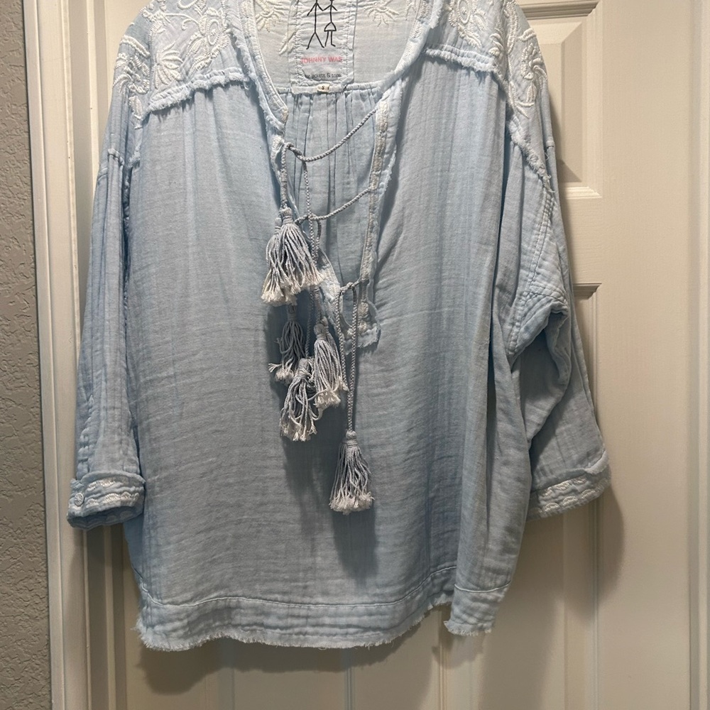 Johnny Was Sky Blue Tassel Blouse